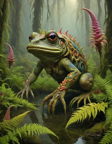 famous artwork by (jason engle:1.2), (fractal art:0.6), whimsical, tranquil, dreamlike scenery, the gleaming rainbowflorb, a disturbingly (beautiful:1.1) and youbled moor-dwelling amphibian creature with zorbified skin painted in mysterious patterns, they hunt whippletorbigly among (the drizzlespattering colorful hypnoferns:1.2) and the (otherworldly:1.1) varpstered flora of the (wondrous swamps:1.2) suspended in the mysterious ethereal mists of their (dreamlike:1.1) habitat on planet niceone quartus
RAW photo, realistic texture, extremely detailed, absurdres, sharp focus,  volumetric lighting, subsurface scattering