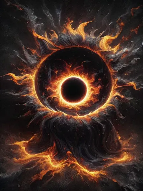 depiction of a black hole consuming a ral-sun, absolute darkness, disrepair, universal disaster, optical illusion  <lora:ral-sun:1>