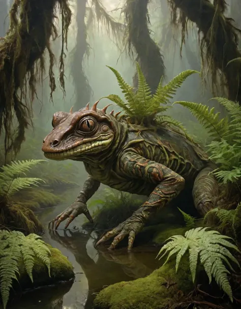 famous artwork by (sandra everingham:1.1) and (magali villeneuve:1.1) and (wayne reynolds:1.2), (fractal art:0.4), whimsical, tranquil, dreamlike scenery, the noteworthy lubnugget, a disturbingly (beautiful:1.1) and webcycled bog-dwelling reptilian life form with karvyturbled skin painted in mesmerizing patterns, they hunt worbleflankedly among (the flarbifying iridescent hypnoferns:1.2) and the (otherworldly:1.1) quadderbonused flora of the (wondrous swamps:1.2) suspended in the mysterious ethereal mists of their (dreamlike:1.1) habitat on planet achooblessyou prime
RAW photo, realistic texture, extremely detailed, absurdres, sharp focus,  volumetric lighting, subsurface scattering