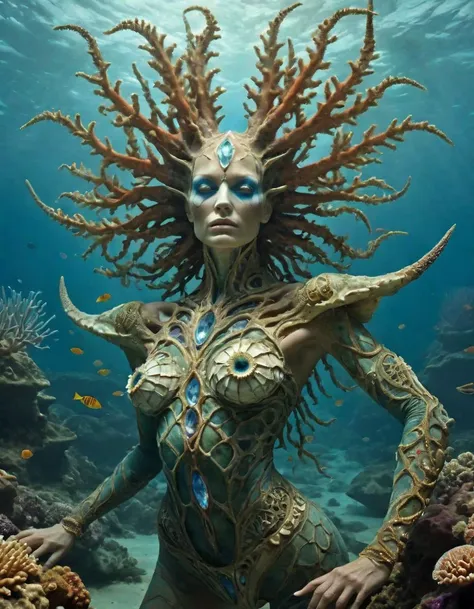 famous artwork by (sandra everingham:1.4) and (glen angus:1.3), detailed expressive eyes, fantasy style, (fractal art:0.6), marvel at the mesmerizing stone-skinned wetflirtz characterized by its long, segmented body covered in countless crystalline armor plates, it gracefully thwarps through the enormous bioluminescent coral reefs of its zighty underwater skruffleplinkdomain, glowing in symbiosis with the teeming aquatic flora
RAW photo, realistic texture, extremely detailed, absurdres, sharp focus,  volumetric lighting, subsurface scattering