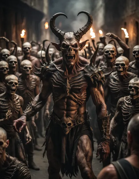 A photo of a (menacing demon lord:1.3), (curved horns:1.2), piercing red eyes, (grinning skull-like face:1.1), muscular build, (pointing directly at viewer:1.2), surrounded by an army of (ghouls and skeletal figures:1.1), flickering candlelight, medieval dungeon setting, (ominous soldier with rifle:1.1), atmospheric dread, gothic horror theme, Sony A7R IV, 1/60s, f/2.8, ISO 1000, cinematic composition, HDR imaging, detailed textures, macabre mood, RAW photography, professional grade,