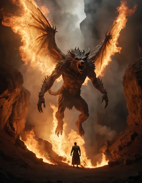 A photo of a (towering winged beast engulfed in flames:1.3), confronting a wizard channeling a spell, volcanic cave setting, (intense magical duel:1.2), smoke and ash filling the air, dramatic backlit figures, dynamic interplay of light and shadow, high-resolution, Nikon D6, 1/500s, f/5.6, ISO 400, powerful narrative, RAW photography, professional grade,