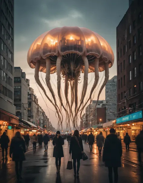 Giant bio-mechanical jellyfish, (hovering over city street:1.3), sunset glow, futuristic cityscape, (softened street lights:1.1), silhouetted figures, dystopian world, (glowing tentacles:1.2), ambiance of wonder, sci-fi urban life, high-resolution detail, Canon EOS 5D Mark IV, 1/1250s, f/2.8, ISO 100, atmospheric perspective, digital art, speculative biology, vast scale contrast, neon-lit buildings, advanced civilization, tranquil dominance, 300 DPI,