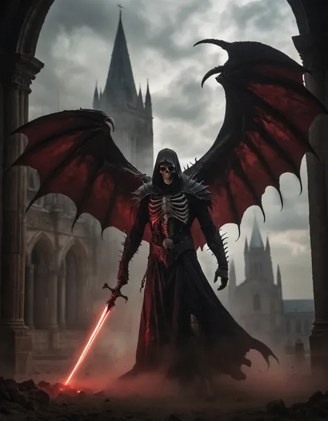 A photo of a (domineering reaper-like entity:1.3) with expansive dark wings, wielding a (glowing red sword:1.2), enshrouded in a mystical fog, (ominous crypt setting:1.1), lesser cloaked figures, foreboding atmosphere, towering Gothic architecture, flight of bats in the distance, high-resolution, Canon EOS 5D Mark IV, 1/320s, f/3.5, ISO 800, chilling narrative, RAW photography, professional grade,