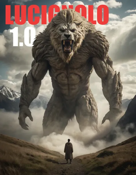 A solitary figure facing a (gargantuan creature:1.3), resembling a mountain, (fur-lined crest:1.1), under a (vast sky:1.2), with streaks of (white clouds:1.1), surrounded by (tall grass:1.1), (earthy tones:1.1), (sense of scale:1.3), confrontation, serene yet tense atmosphere, (midday light:1.2), digital art, high-resolution, wide-angle view, detailed texture, (sharp contrast:1.2), fantasy setting, nature versus mythical, Samsung Galaxy S21 Ultra, 1/1250s, f/2.2, ISO 64, dynamic range, PNG format, art concept.