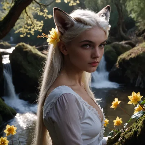 cinematic film still (((Dutch Angle (from the side) view medium Close shot (focus on head)))),18 year old,1girl, solo, long hair, looking at viewer, hair ornament, long sleeves, holding, animal ears, tail, yellow eyes, flower, white hair, outdoors, parted lips, hair flower, water, tree, lips, petals, fox ears, glowing, animal, floral print, glowing eyes, wolf, fox, waterfall,exposed midriff, abs,fit,highly detailed skin with hair,vellus, hard light, hard shadows,<sd_xl_offset_example-lora_1.0.safetensors:0.5>,<RMSDXL_Creative.safetensors:2>,<RMSDXL_Enhance.safetensors:2>,<fitgirl_v10.safetensors:0.8>,<skin_texture_v2.safetensors:0.8>, shallow depth of field, vignette, highly detailed, high budget Hollywood film, cinemascope, moody, epic, gorgeous,