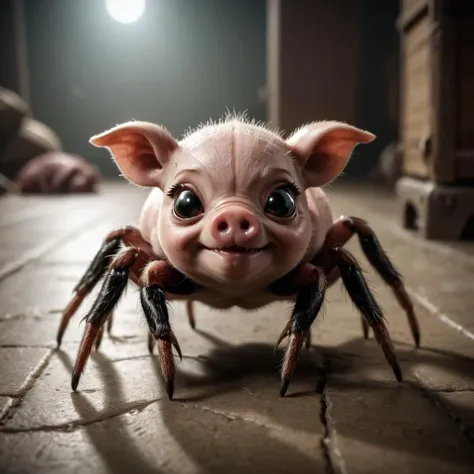 cinematic film still cute spider-pig, shallow depth of field, vignette, highly detailed, high budget Hollywood film, cinemascope, moody, epic, gorgeous, 