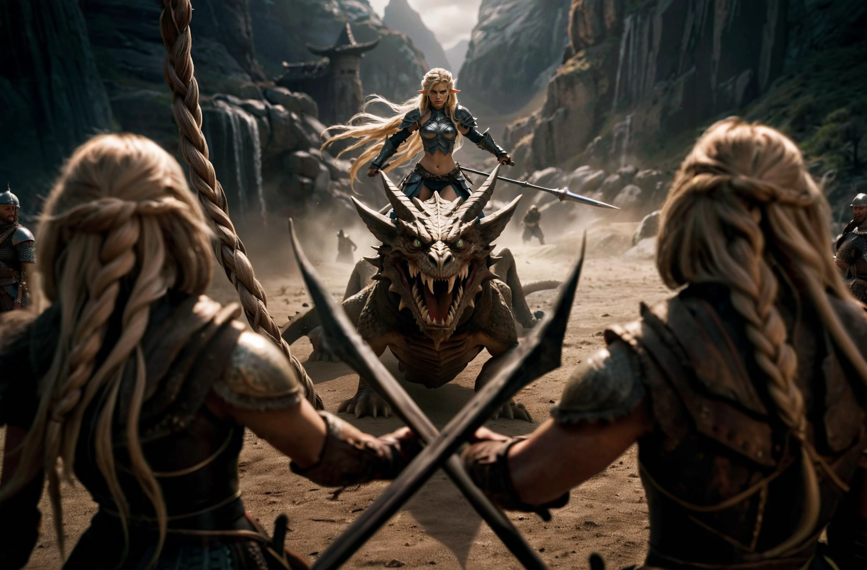cinematic film still 1girl, solo, long hair, blue eyes, blonde hair, navel, weapon, braid, boots, pointy ears, midriff, armor, polearm, spear, dragon, riding, shallow depth of field, vignette, highly detailed, high budget Hollywood film, cinemascope, moody, epic, gorgeous