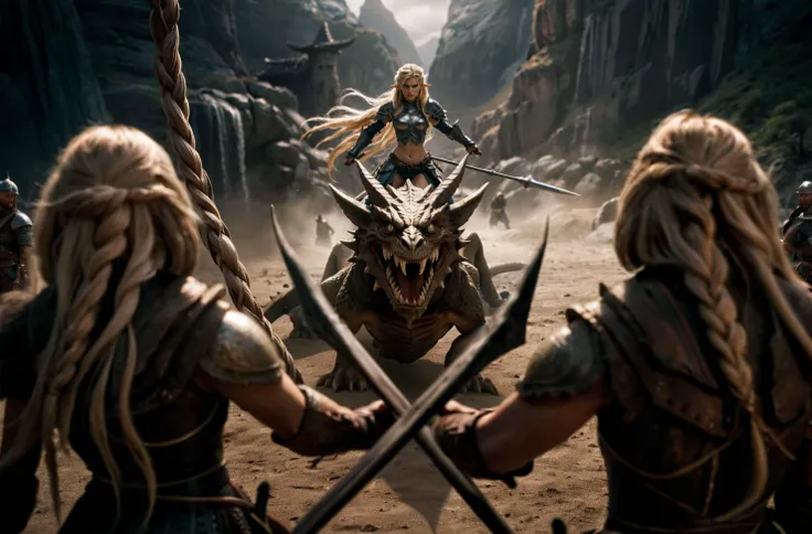 cinematic film still 1girl, solo, long hair, blue eyes, blonde hair, navel, weapon, braid, boots, pointy ears, midriff, armor, polearm, spear, dragon, riding, shallow depth of field, vignette, highly detailed, high budget Hollywood film, cinemascope, moody, epic, gorgeous
