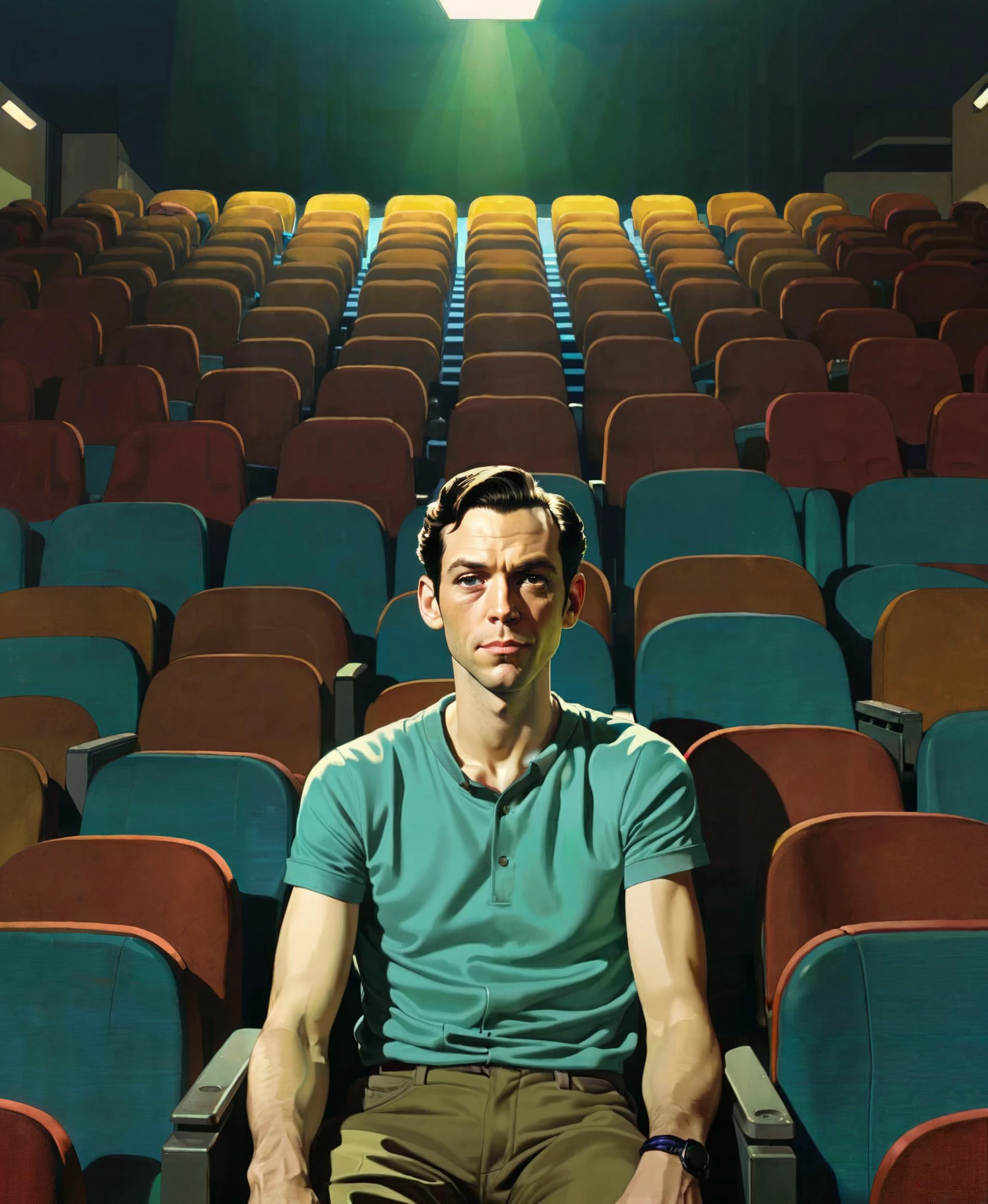 a man sitting in a empty movie theatre , smirk, blue|green|yellow|brown red tones,
