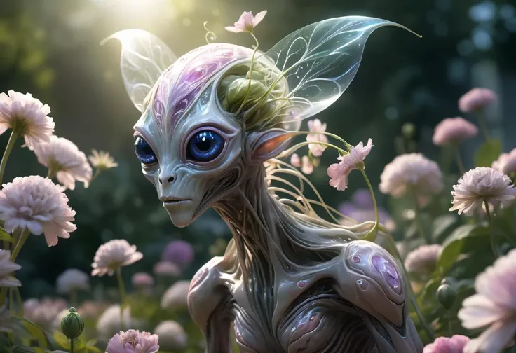 A N'Tari creature, a delicate and poetic alien species, sits in a garden of flowers that seem to dance in the wind. Its skin is translucent like crystal, with details of a network of nerves that seem to reflect their emotional state. Its eyes are large and round, with
lenses that seem to glow with a soft light. It wears a collar of delicate flowers that seem to change color according to the sunlight.