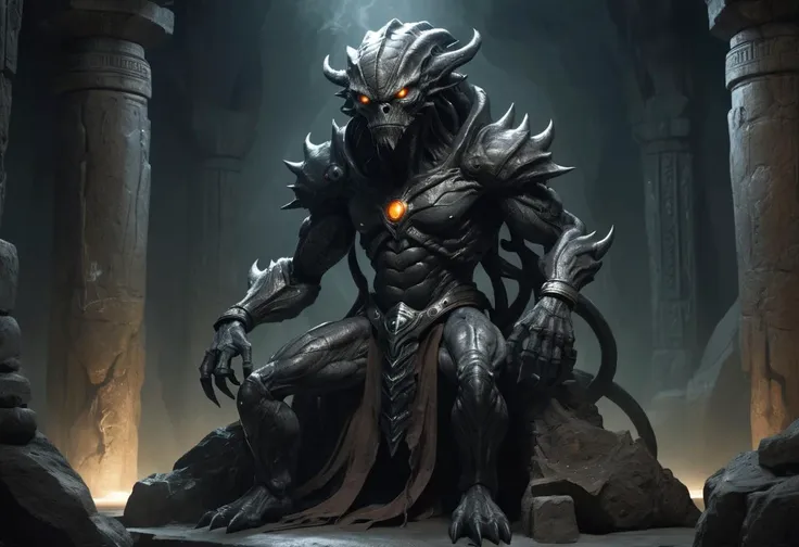 A Kraelion being, a strong and protective alien species, sits on a stone throne in an underground temple. Its skin is dark and rugged like rock, with details of a network of black veins that seem to pulse with energy. Its eyes are large and piercing, with lenses that seem
to glow with an inner light. It wears a belt of armor that seems to be an extension of its own flesh.