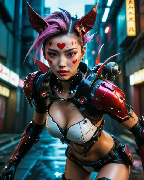 (masterpiece, best quality, highres:1.2), (photorealistic:1.2), raw photo, three quarter view, extreme action pose, very beautiful Japanese woman with heart shaped face a straight nose full lips, perfect eyes, succubus, mohawk, sweat drenched skin, realistic skin texture, visible pores, athletic and curvy, wearing transparent form fitting biomechanical armor, sleek cyborg arms and legs, running hard down a dark cyberpunk alley at night, 32k, hyper-realistic, extreme high angle, fish eye lens, (sharp), (film grain:1.3), (morbid light:1.2), (dynamic angle), exposure blend, bokeh, dim light, (hdr:1.4), high contrast, (muted colors, dim colors, soothing tones:1.3), low saturation, morbid <lora:hand 4:0.3> perfection, cyberpunk 2077