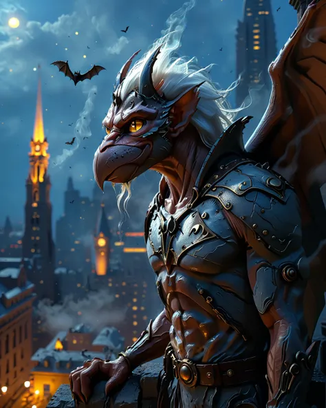 score_9, score_8_up, score_7_up,wide shot, photorealistic, realistic,anthro,(4k quality masterpiece):1.4) , ( best quality:1.1), brooklyn, solo, 1boy, looking at veiwer, crouched on the ledge of a lit face clock tower, yellow eyes, glowing eyes, detailed eyes, red skin, bare chested, no shirt,muscular, white hair, belt, veiny semi-translucent wing skin, loincloth, long hair, pointy ears,wings,bat wings, horns, expressive,sweaty, realistic skin texture, gooseflesh, pores, veins, realistic, scenery, new york city scape, moonlight, stars clouds, night sky,bokeh, depth of field, fog, smoke, steam, chiaroscuro, perspective, foreshortening, hi-res, 32k, uhd ,cinematic, <lora:detailed_notrigger:1>, <lora:MJ52_v2.0:0.8>, <lora:MJ52:0.7>,<lora:zavy-cntrst-sdxl:0.8>, hairdetailpxl, zPDXL3,absurdres, <lora:BrooklynPony1.0:1>