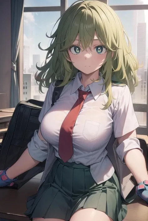 Masterpiece, Excellent, Fine, 1girl, Blue Eyes, Shirt, Pleated Skirt, Big Breasts, Class, ((sweat blushing, big breasts, biting on a condom, holding a condom, condom on your chest, sitting on the ground, money on the ground))