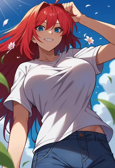 score_9, score_8_up, source_anime  BREAK solo, 1girl, looking at viewer, upper body, close-up, 
<lora:AozakiPdxlDwnsty-000008:1>, aozakired, blue eyes, red hair, hair intakes, white shirt, t-shirt, jeans, denim, blue pants, short sleeves, 
curvy, large breasts, evil smile, 
outdoors, grass, wind, building, flower field, blue sky, sunlight, from below,