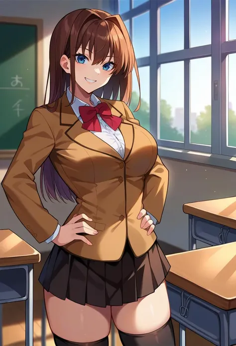 score_9, score_8_up, source_anime  BREAK solo, 1girl, looking at viewer, cowboy shot,
<lora:AozakiPdxlDwnsty-000008:1>, aozakischool, blue eyes, brown hair, hair intakes, school uniform, black skirt, blazer, brown jacket, red bowtie, white shirt, kneehighs, 
curvy, large breasts, smile, hands on own hips, 
indoors, school, classroom, window, desk,