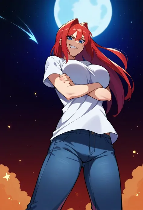 score_9, score_8_up, source_anime BREAK solo, 1girl, looking at viewer, cowboy shot,
<lora:AozakiPdxlDwnsty-000008:1>, aozakired, blue eyes, red hair, hair intakes, white shirt, t-shirt, jeans, denim, blue pants, short sleeves,
curvy, large breasts, smirk, angry, crossed arms, from below,
starry sky, hill, full moon, wind,