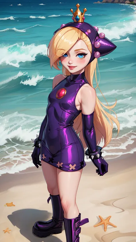 <lora:Walpeach-10:0.8>,walpeach,1girl,female,long hair,blonde hair,blue eyes,purple headgear,purple dress,elbow gloves,spiked bracelet,purple gloves,purple footwear,spiked bracelet,boots,plataform footwear,black headgear,blush stickers,hair over one eye,(flat chest:1.21),(small breasts:1.21),narrow waist,skinny,groin,blue eyes,choker,detailed eyes,glossy lips,pink lips,perfect skin,light smile,
masterpiece,perfect ligthing,bloom,cinematic lighting,day,outdoors,ocean,beach,highres,
looking at viewer,dynamic pose,solo focus,