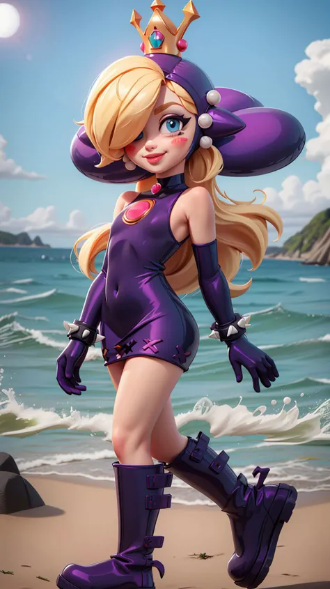 <lora:Walpeach-10:0.8>,walpeach,1girl,female,long hair,blonde hair,blue eyes,purple headgear,purple dress,elbow gloves,spiked bracelet,purple gloves,purple footwear,spiked bracelet,boots,plataform footwear,black headgear,blush stickers,hair over one eye,(flat chest:1.21),(small breasts:1.21),narrow waist,skinny,groin,blue eyes,choker,detailed eyes,glossy lips,pink lips,perfect skin,light smile,
masterpiece,perfect ligthing,bloom,cinematic lighting,day,outdoors,ocean,beach,highres,
looking at viewer,dynamic pose,solo focus,