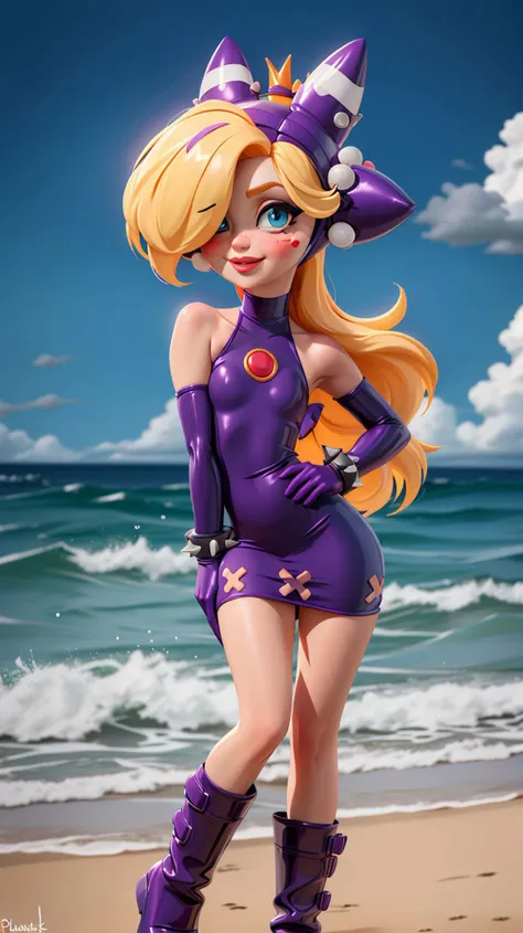 <lora:Walpeach-10:0.8>,walpeach,1girl,female,long hair,blonde hair,blue eyes,purple headgear,purple dress,elbow gloves,spiked bracelet,purple gloves,purple footwear,spiked bracelet,boots,plataform footwear,black headgear,blush stickers,hair over one eye,(flat chest:1.21),(small breasts:1.21),narrow waist,skinny,groin,blue eyes,choker,detailed eyes,glossy lips,pink lips,perfect skin,light smile,
masterpiece,perfect ligthing,bloom,cinematic lighting,day,outdoors,ocean,beach,highres,
looking at viewer,dynamic pose,solo focus,