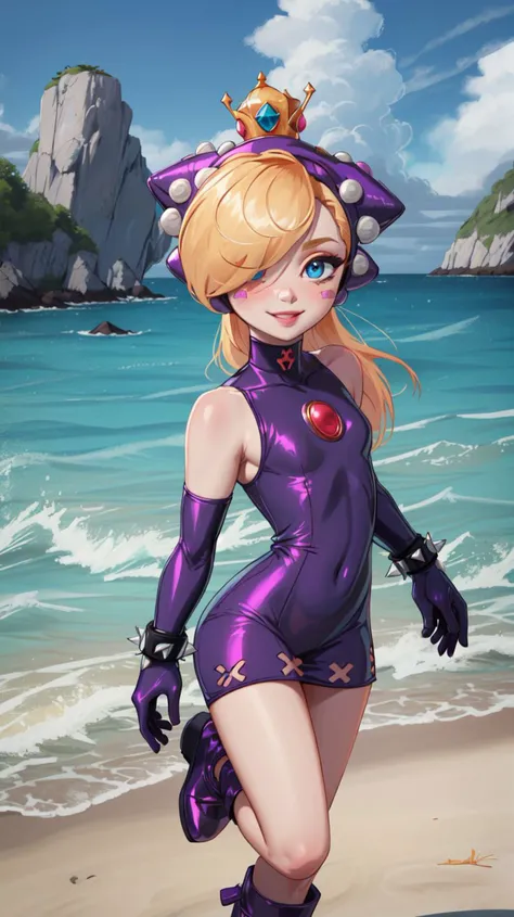 <lora:Walpeach-10:0.8>,walpeach,1girl,female,long hair,blonde hair,blue eyes,purple headgear,purple dress,elbow gloves,spiked bracelet,purple gloves,purple footwear,spiked bracelet,boots,plataform footwear,black headgear,blush stickers,hair over one eye,(flat chest:1.21),(small breasts:1.21),narrow waist,skinny,groin,blue eyes,choker,detailed eyes,glossy lips,pink lips,perfect skin,light smile,
masterpiece,perfect ligthing,bloom,cinematic lighting,day,outdoors,ocean,beach,highres,
looking at viewer,dynamic pose,solo focus,