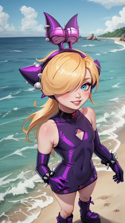 <lora:Walpeach-10:0.8>,walpeach,1girl,female,long hair,blonde hair,blue eyes,purple headgear,purple dress,elbow gloves,spiked bracelet,purple gloves,purple footwear,spiked bracelet,boots,plataform footwear,black headgear,blush stickers,hair over one eye,(flat chest:1.21),(small breasts:1.21),narrow waist,skinny,groin,blue eyes,choker,detailed eyes,glossy lips,pink lips,perfect skin,light smile,
masterpiece,perfect ligthing,bloom,cinematic lighting,day,outdoors,ocean,beach,highres,
looking at viewer,dynamic pose,solo focus,