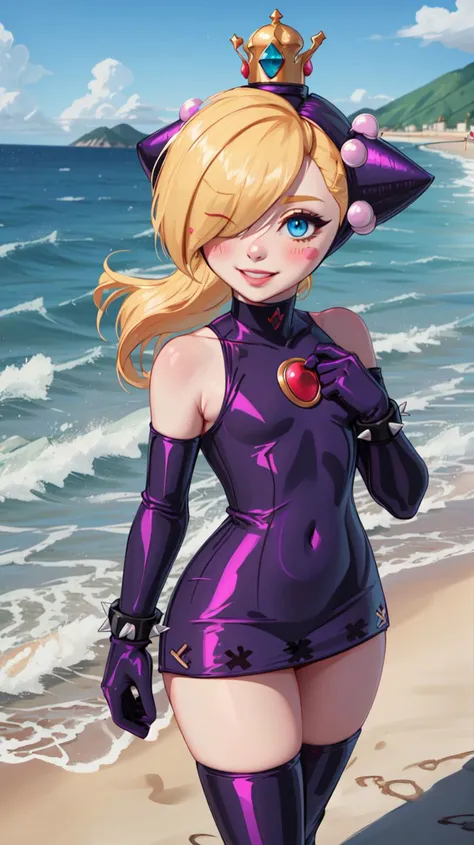 <lora:Walpeach-10:0.8>,walpeach,1girl,female,long hair,blonde hair,blue eyes,purple headgear,purple dress,elbow gloves,spiked bracelet,purple gloves,purple footwear,spiked bracelet,boots,plataform footwear,black headgear,blush stickers,hair over one eye,(flat chest:1.21),(small breasts:1.21),narrow waist,skinny,groin,blue eyes,choker,detailed eyes,glossy lips,pink lips,perfect skin,light smile,
masterpiece,perfect ligthing,bloom,cinematic lighting,day,outdoors,ocean,beach,highres,
looking at viewer,dynamic pose,solo focus,