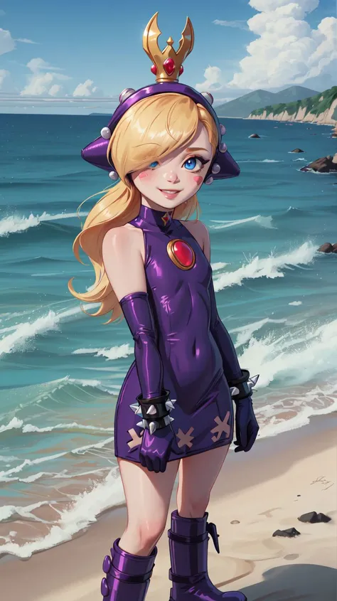 <lora:Walpeach-10:0.8>,walpeach,1girl,female,long hair,blonde hair,blue eyes,purple headgear,purple dress,elbow gloves,spiked bracelet,purple gloves,purple footwear,spiked bracelet,boots,plataform footwear,black headgear,blush stickers,hair over one eye,(flat chest:1.21),(small breasts:1.21),narrow waist,skinny,groin,blue eyes,choker,detailed eyes,glossy lips,pink lips,perfect skin,light smile,
masterpiece,perfect ligthing,bloom,cinematic lighting,day,outdoors,ocean,beach,highres,
looking at viewer,dynamic pose,solo focus,