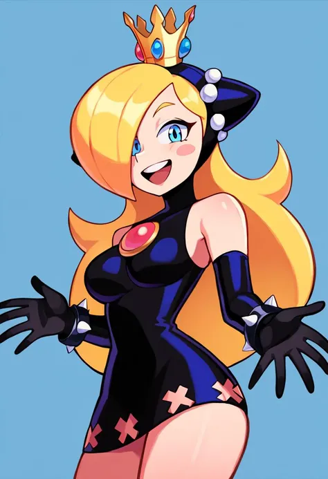 (cartoon, anime),detailed face, (cowboy shot), source_cartoon, detailed eyes, masterpiece, 
SIMPLE BACKGROUND,
seductive,nsfw,lewd,sensual,perky breasts, hips, thighs, sexy pose, dynamic pose
 walpeach, blonde hair, hair over one eye, long hair, blue eyes, blush stickers, crown, black dress, elbow gloves, black gloves,  spiked bracelet, black headgear, 
score_9,score_8, rating_safe
woman,1girl, , looking at viewer,blush,happy,flirting eyes,            <lora:[v0.1]_wapeach:1>