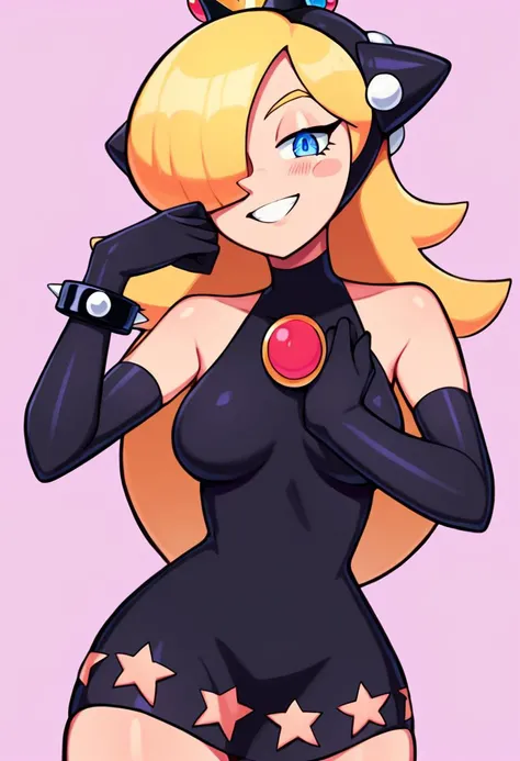 (cartoon, anime),detailed face, (cowboy shot), source_cartoon, detailed eyes, masterpiece, 
SIMPLE BACKGROUND,
seductive,nsfw,lewd,sensual,perky breasts, hips, thighs, sexy pose, dynamic pose
 walpeach, blonde hair, hair over one eye, long hair, blue eyes, blush stickers, crown, black dress, elbow gloves, black gloves,  spiked bracelet, black headgear, 
score_9,score_8, rating_explicit
woman,1girl, , looking at viewer,blush,happy,flirting eyes,            <lora:[v0.1]_wapeach:.7>