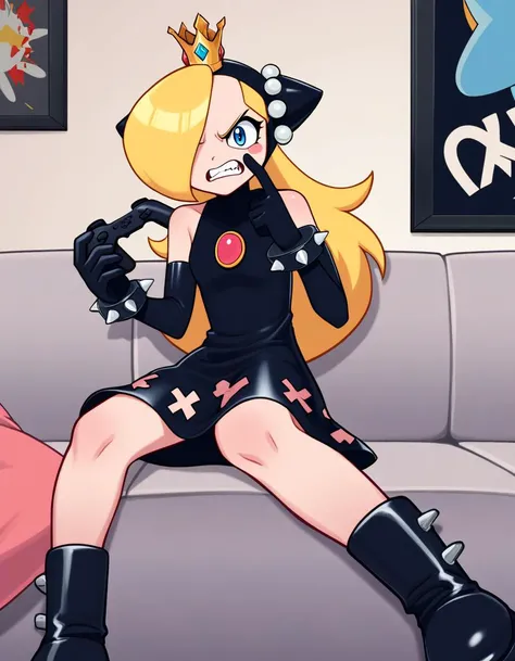 score_9, score_8_up, score_7_up, walpeach, blonde hair, hair over one eye, long hair, blue eyes, blush stickers, crown,black dress, elbow gloves, black gloves, boots, black footwear, spiked bracelet, black headgear, plataform footwear,, sitting on a couch,living room,controller,game controller,playing games,game console,video game,solo,angry,yelling,angry at the video game,rating safe,source anime,solo