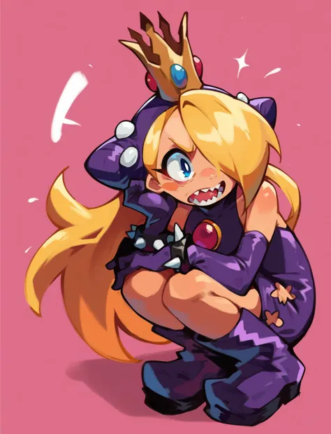score_9, score_8_up, score_7_up, score_6_up, score_5_up, 1girl, <lora:[v0.1]_walpeach:1> walpeach, blonde hair, hair over one eye, long hair, blue eyes, blush stickers, purple dress, elbow gloves, purple gloves, boots, purple footwear, spiked bracelet, purple headgear, crown, sharp teeth, open mouth, squatting, 
pink background, 
<lora:Khyleri_EXL:0.75>