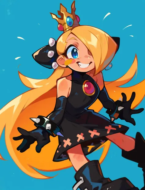 score_9, score_8_up, score_7_up, score_6_up, score_5_up, 1girl, <lora:[v0.1]_walpeach:1> walpeach, blonde hair, hair over one eye, long hair, blue eyes, blush stickers, plataform footwear, black dress, elbow gloves, black gloves, boots, black footwear, spiked bracelet, black headgear, blue background, smile, crown, 
<lora:Khyleri_EXL:0.75>