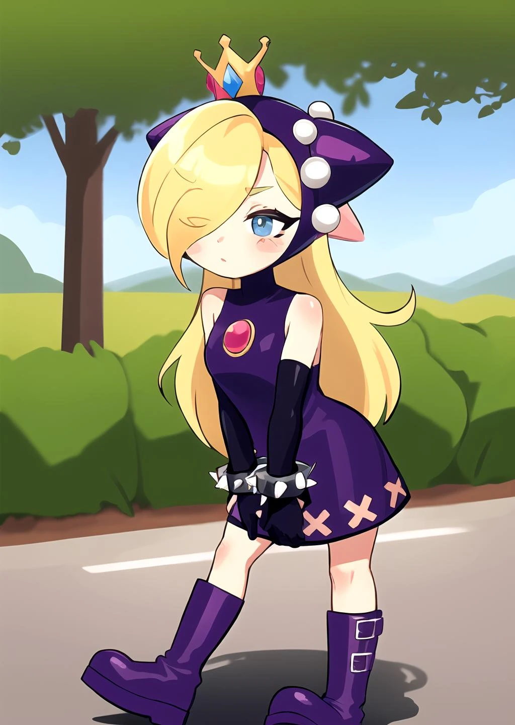 <lora:GoodHands-beta2:1> 1girl, <lora:Walpeach-10:0.8> walpeach, purple dress, purple gloves, boots, purple footwear, spiked bracelet, purple headgear,
blush stickers, outdoors, hair over one eye, blue eyes,