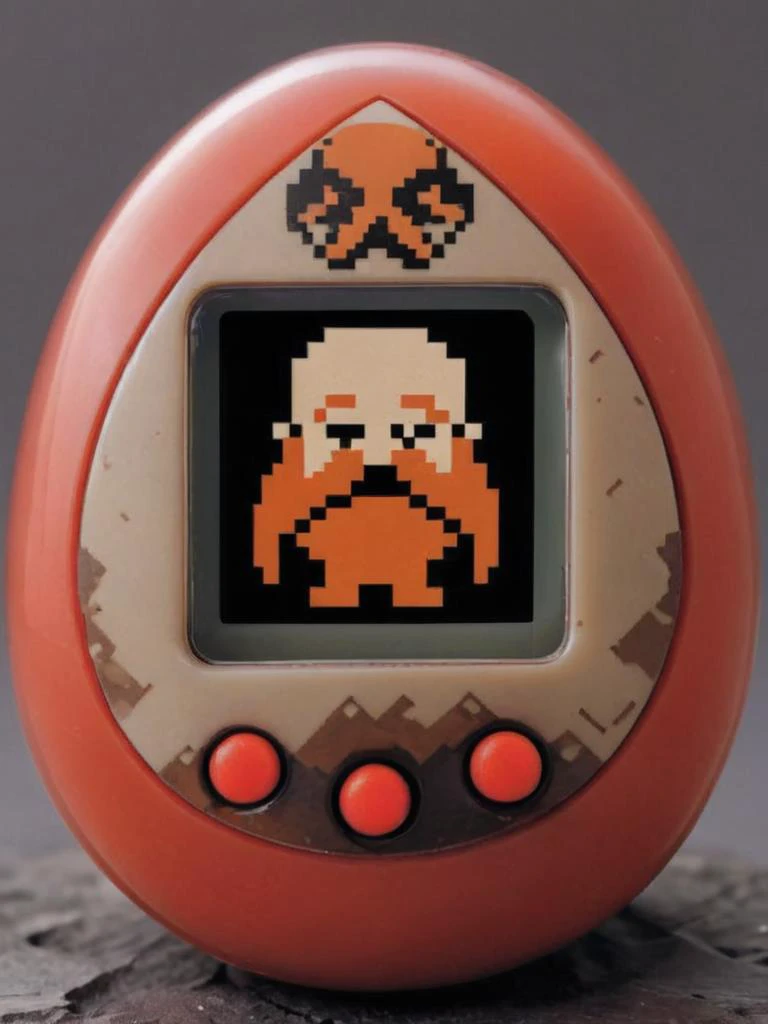 an egg-shaped, virtual pet device is featured with a central screen displaying an 8bit Harry_Dwarf <lora:Harry_Dwarf_1.5:0.8> <lora:egg_bit:0.8>, The screen is encased within a rock ring, long red beard, braided moustache, bald, underground,