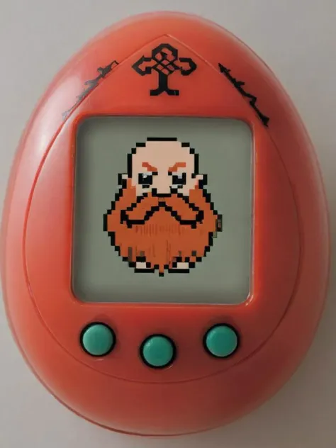an egg-shaped, virtual pet device is featured with a central screen displaying a 16bit Harry_Dwarf <lora:Harry_Dwarf_1.5:0.8>  <lora:egg_bit:0.8>, The screen is encased within a hairy ring, long red beard, braided moustache, bald, underground,