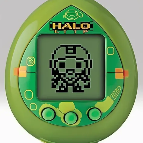 An egg-shaped, virtual pet device is featured with a central screen displaying, a single color 8bit halo Master Chief ,The screen is encased within an while ring , <lora:egg_bit:0.75>,