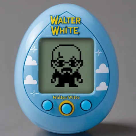 An egg-shaped, virtual pet device is featured with a central screen displaying a single color walter white,The screen is encased within an sky blue ring , <lora:egg_bit:0.75>,