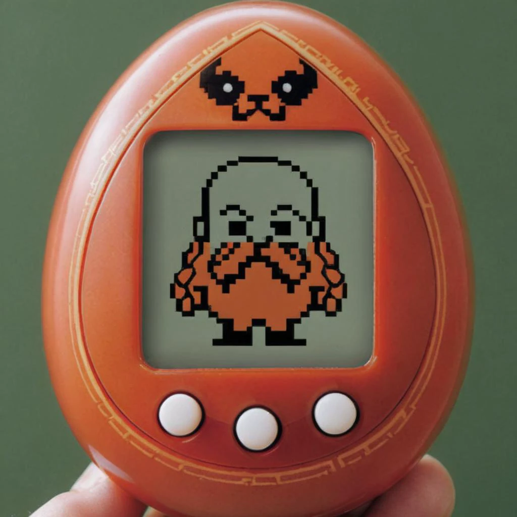 an egg-shaped, virtual pet device is featured with a central screen displaying a 16bit Harry_Dwarf <lora:Harry_Dwarf_1.5:0.8> <lora:egg_bit:0.8>, The screen is encased within a hairy ring, long red beard, braided moustache, bald, underground,