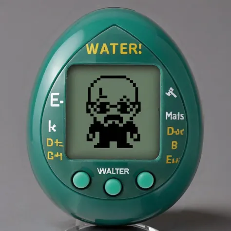 An egg-shaped, virtual pet device is featured with a central screen displaying a single color walter white,The screen is encased within an dark green ring , periodic table, <lora:egg_bit:0.75>,