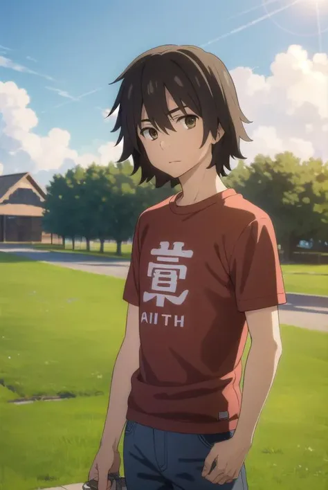 jintayadomi, <lora:jinta yadomi s1-lora-nochekaiser:1>,
jinta yadomi, black hair, male focus, (brown eyes:1.3),
BREAK shirt, pants, t-shirt, red shirt,
BREAK outdoors, house, fields, grass, sky, sun, clouds,
BREAK looking at viewer, (cowboy shot:1.5),
BREAK <lyco:GoodHands-beta2:1>, (masterpiece:1.2), best quality, high resolution, unity 8k wallpaper, (illustration:0.8), (beautiful detailed eyes:1.6), extremely detailed face, perfect lighting, extremely detailed CG, (perfect hands, perfect anatomy),