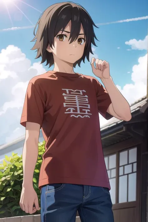 jintayadomi, <lora:jinta yadomi s1-lora-nochekaiser:1>,
jinta yadomi, black hair, male focus, (brown eyes:1.3),
BREAK shirt, pants, t-shirt, red shirt,
BREAK outdoors, house, fields, grass, sky, sun, clouds,
BREAK looking at viewer, (cowboy shot:1.5),
BREAK <lyco:GoodHands-beta2:1>, (masterpiece:1.2), best quality, high resolution, unity 8k wallpaper, (illustration:0.8), (beautiful detailed eyes:1.6), extremely detailed face, perfect lighting, extremely detailed CG, (perfect hands, perfect anatomy),