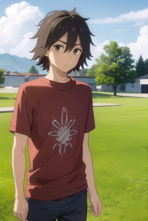 jintayadomi, <lora:jinta yadomi s1-lora-nochekaiser:1>,
jinta yadomi, black hair, male focus, (brown eyes:1.3),
BREAK shirt, pants, t-shirt, red shirt,
BREAK outdoors, house, fields, grass, sky, sun, clouds,
BREAK looking at viewer, (cowboy shot:1.5),
BREAK <lyco:GoodHands-beta2:1>, (masterpiece:1.2), best quality, high resolution, unity 8k wallpaper, (illustration:0.8), (beautiful detailed eyes:1.6), extremely detailed face, perfect lighting, extremely detailed CG, (perfect hands, perfect anatomy),