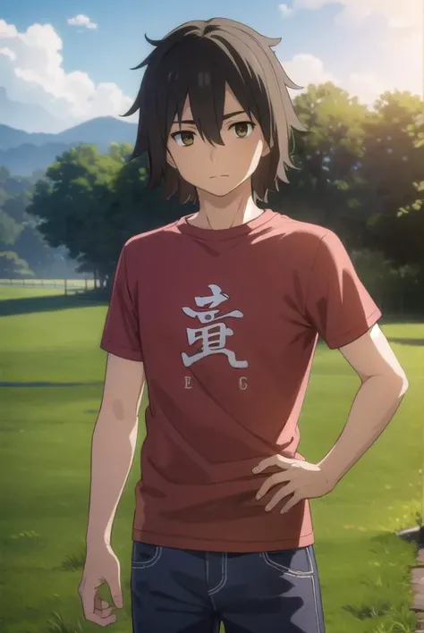 jintayadomi, <lora:jinta yadomi s1-lora-nochekaiser:1>,
jinta yadomi, black hair, male focus, (brown eyes:1.3),
BREAK shirt, pants, t-shirt, red shirt,
BREAK outdoors, house, fields, grass, sky, sun, clouds,
BREAK looking at viewer, (cowboy shot:1.5),
BREAK <lyco:GoodHands-beta2:1>, (masterpiece:1.2), best quality, high resolution, unity 8k wallpaper, (illustration:0.8), (beautiful detailed eyes:1.6), extremely detailed face, perfect lighting, extremely detailed CG, (perfect hands, perfect anatomy),