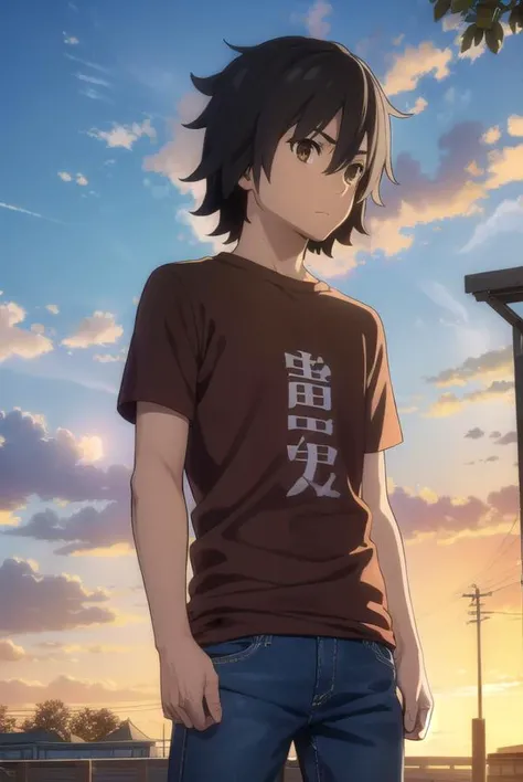 jintayadomi, <lora:jinta yadomi s1-lora-nochekaiser:1>,
jinta yadomi, black hair, male focus, (brown eyes:1.3),
BREAK shirt, pants, t-shirt, red shirt,
BREAK outdoors, house, fields, grass, sky, sun, clouds,
BREAK looking at viewer, (cowboy shot:1.5),
BREAK <lyco:GoodHands-beta2:1>, (masterpiece:1.2), best quality, high resolution, unity 8k wallpaper, (illustration:0.8), (beautiful detailed eyes:1.6), extremely detailed face, perfect lighting, extremely detailed CG, (perfect hands, perfect anatomy),