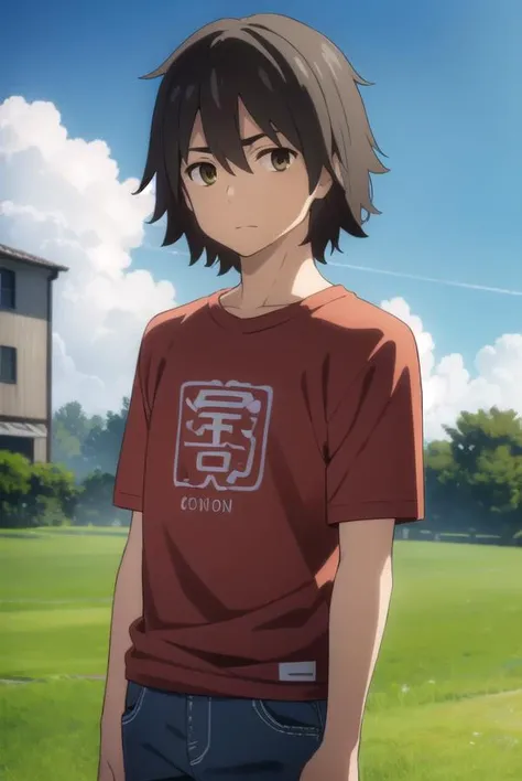 jintayadomi, <lora:jinta yadomi s1-lora-nochekaiser:1>,
jinta yadomi, black hair, male focus, (brown eyes:1.3),
BREAK shirt, pants, t-shirt, red shirt,
BREAK outdoors, house, fields, grass, sky, sun, clouds,
BREAK looking at viewer, (cowboy shot:1.5),
BREAK <lyco:GoodHands-beta2:1>, (masterpiece:1.2), best quality, high resolution, unity 8k wallpaper, (illustration:0.8), (beautiful detailed eyes:1.6), extremely detailed face, perfect lighting, extremely detailed CG, (perfect hands, perfect anatomy),