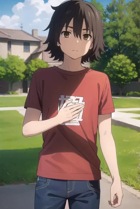 jintayadomi, <lora:jinta yadomi s1-lora-nochekaiser:1>,
jinta yadomi, black hair, male focus, (brown eyes:1.3),
BREAK shirt, pants, t-shirt, red shirt,
BREAK outdoors, house, fields, grass, sky, sun, clouds,
BREAK looking at viewer, (cowboy shot:1.5),
BREAK <lyco:GoodHands-beta2:1>, (masterpiece:1.2), best quality, high resolution, unity 8k wallpaper, (illustration:0.8), (beautiful detailed eyes:1.6), extremely detailed face, perfect lighting, extremely detailed CG, (perfect hands, perfect anatomy),