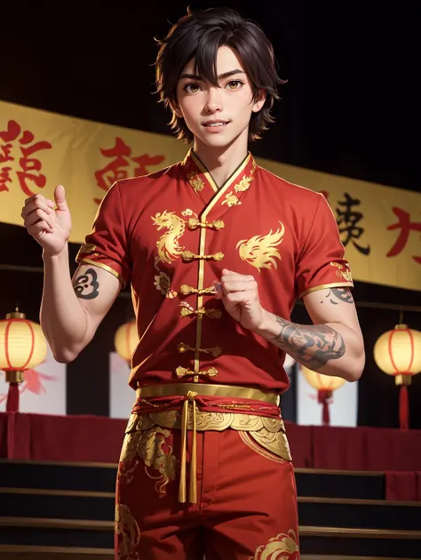 looking at viewer,  Amidst the Chinese New Year festivities of the Dragon, a (handsome young man:1.1)( dons traditional attire:1.5). His clothing reveals chiseled muscles and tattoos, with a red shirt featuring golden dragon embroidery and snug, red trousers adorned with fireworks motifs. Completing the look are golden shoes.
 he stands against a backdrop of gleaming red and gold lanterns on a stage filled with music and firecrackers. The man's tattoos, depicting dragons and Chinese symbols, underscore his cultural connection. With a radiant smile, he extends blessings for the year ahead, encapsulating the spirit of joy and community celebration. His masculine, youthful, and tender features exude warmth and charm, adding to the festive atmosphere of the occasion, 
 <lora:GoodHands-beta2:0.8>, dynamic pose, 
  <lora:jinta yadomi s1-lora-nochekaiser:0.8> jinta yadomi, black hair, male focus, (brown eyes:1.3),, masterpiece, 4k, high quality, highres, absurdres,