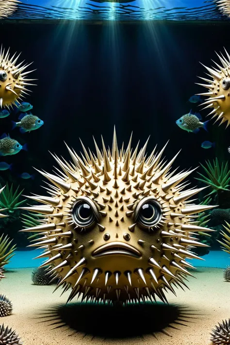 ral-spikes,<lora:ral-spikes:1>,
A puffer fish,in a tank,puffed up and full of spikes,